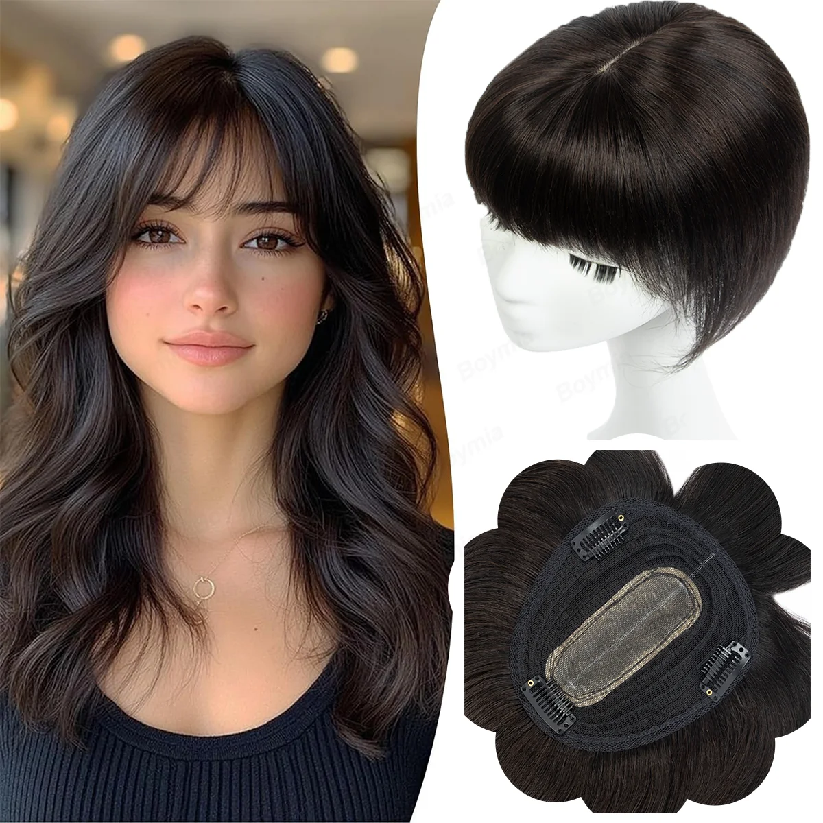 Women's Human Hair Clip-In Bangs Toppers – Thinning Crown Hair Pieces with 360° Scalp Line Coverage