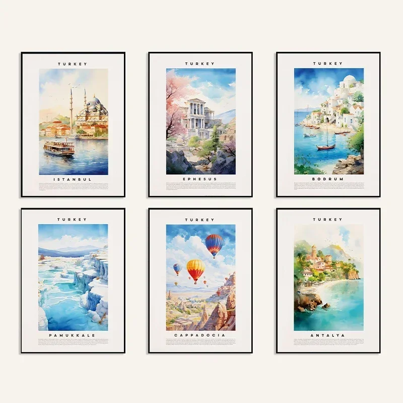 Minimalist Wall Art Watercolor Turkey Travel Colorful City Posters and Prints Canvas Painting for Living Room Modern Home Dec