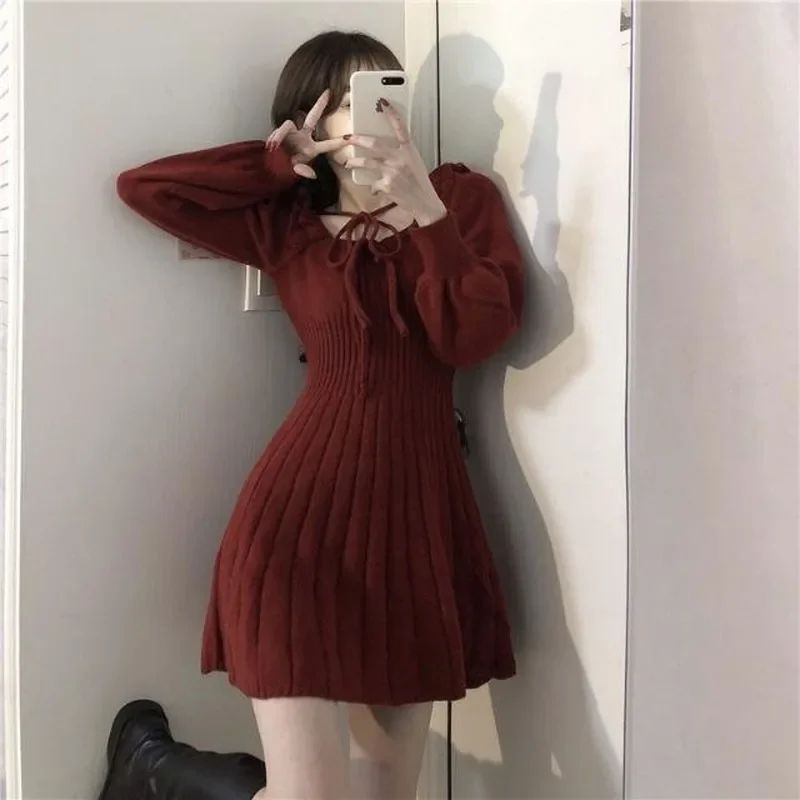 2023 Sweet Knitted Dress Women Autumn Winter Elegant Dress Female Red French Style Party Dress Clothes Lady