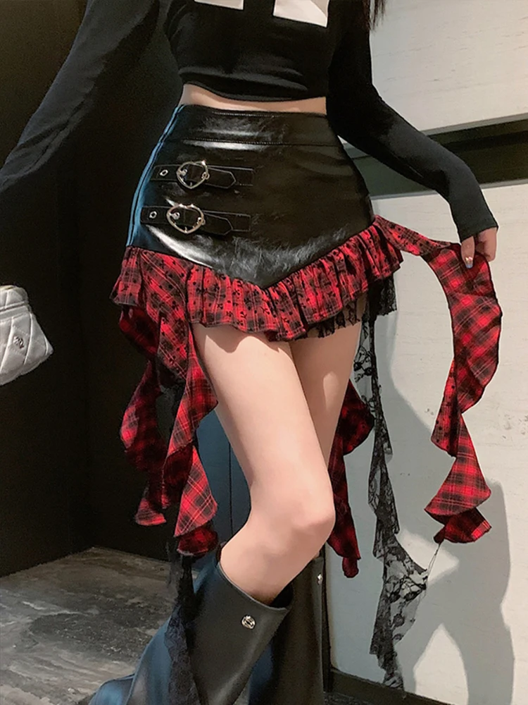 

Women's Patchwork Black Gothic A-line Leather Skirt Y2k Asymmetrical Mini Skirts Harajuku Vintage Korean Skirt Summer