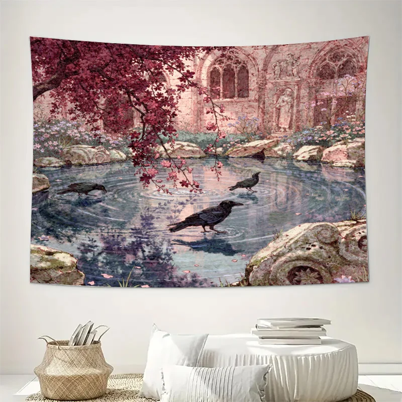 Luxurious Decorative Tapestry Wall Hanging Cherry Blossom Spring Pond Scene Romantic Landscape Vintage Floral Artwork for Bedroo