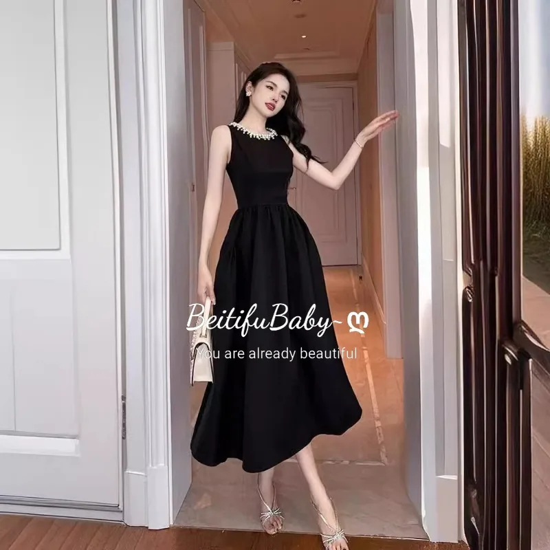 

BeitifuBaby Black Evening Dress for Women 2024 Round Neck Sleeveless Mid-length Vintage Formal Dresses Banquet Gown Vestidos