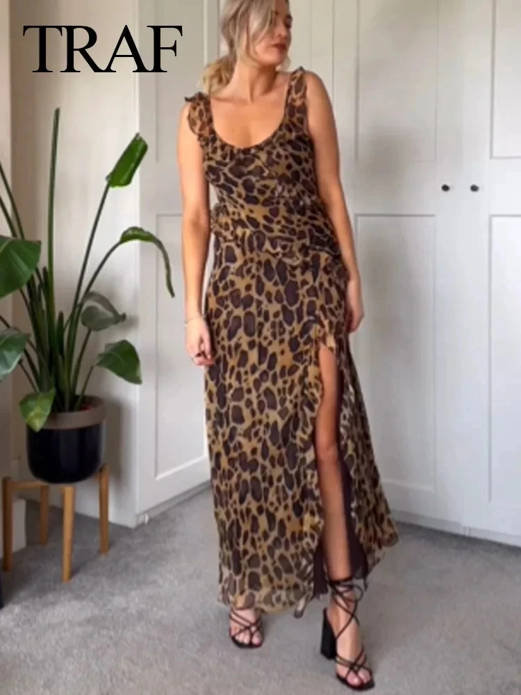 TRAFZA 2024 Woman Vintage Sexy Leopard Print Fold Sling Long Dress Female Summer V-Neck Sleeveless Backless Slim Slit Dress