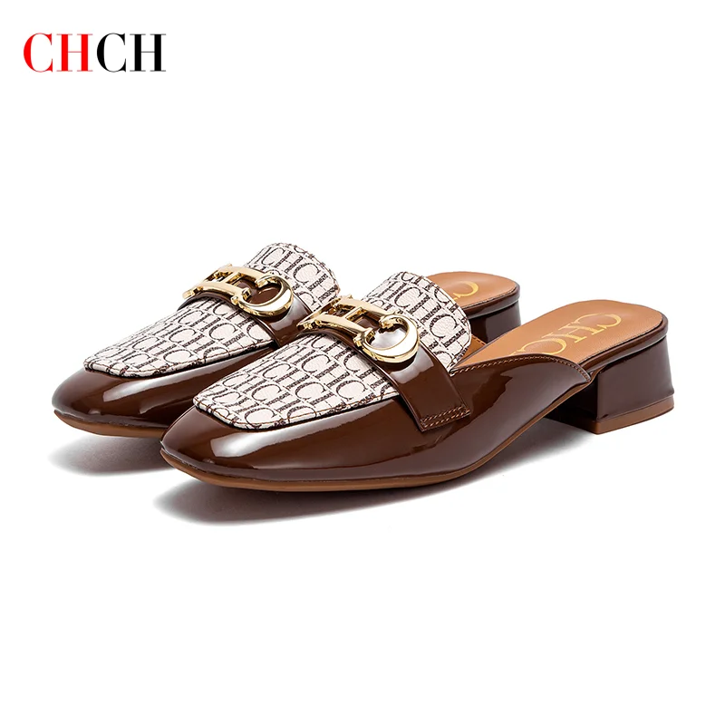 CHCH Buckle Mules for Women Round Toe Backless Flat Mules Slides Mules Shoes Ladies Slip-on Loafers