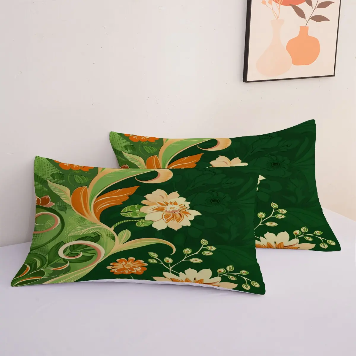 Neroli & Green leaves  duvet cover   Floral pattern on green background  1 duvet cover, 2 pillowcases, 3 pieces