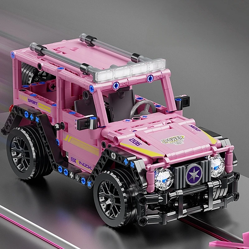 400-teiliger Technischer 1:18 Offroad-SUV Rückzieh-Auto Baukasten, Seltene Rosa Farbe MOC Fahrzeugmodell-Set, STEM Geschenk für die Feiertage