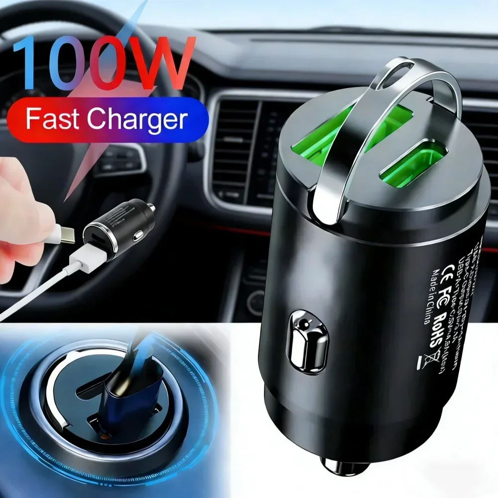 100/200W Mini Car Charger Fast Charging for IPhone QC3.0 Mini PD USB Type C Car Mobile Phone Charger for Xiaomi Samsung Huawei
