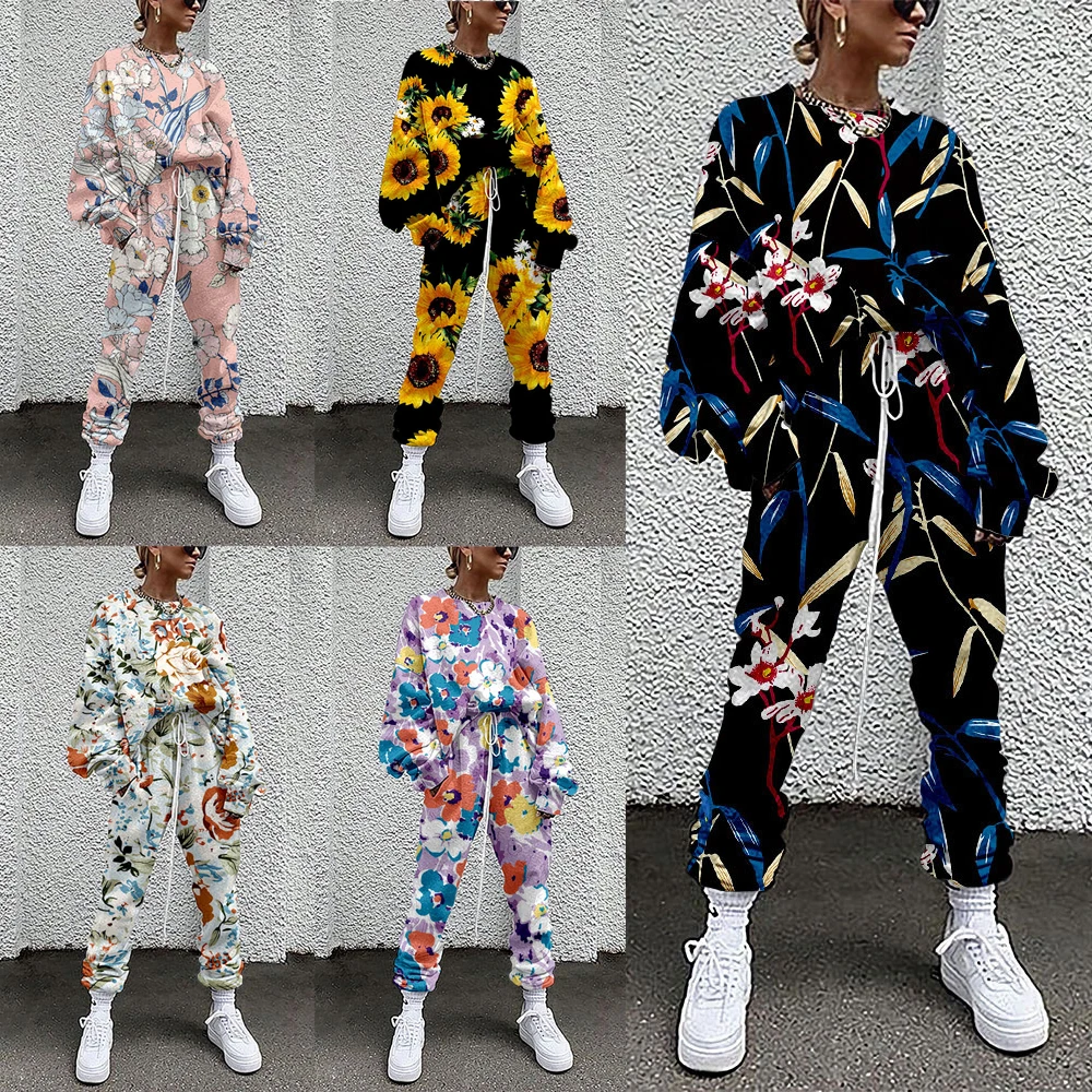 Floral Print Autumn Women Blouse + Pants Long Sleeve Loose Blouse Pants Casual Tracksuit Outfit 4XL Warm Clothes Lady