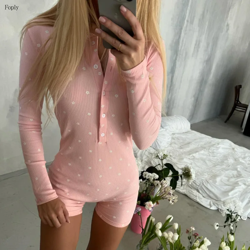 

Women Pajamas European American Style Sweet Slim and Fresh Jumpsuits Summer Solid Color Single-breasted Long-sleeved Jumpsuits
