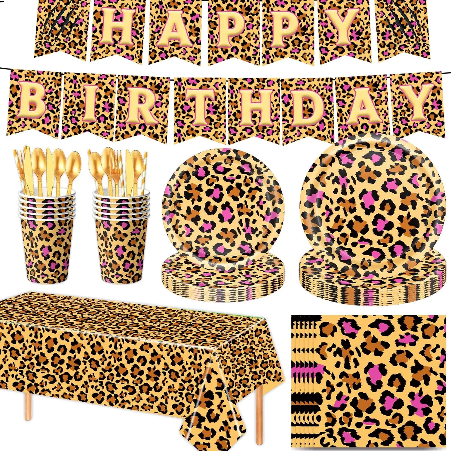 Vajilla con estampado de leopardo con tema Animal, pancarta con estampado de leopardo rosa y marrón, globo, adorno para tarta, decoración para fiesta de cumpleaños de Safari en la jungla