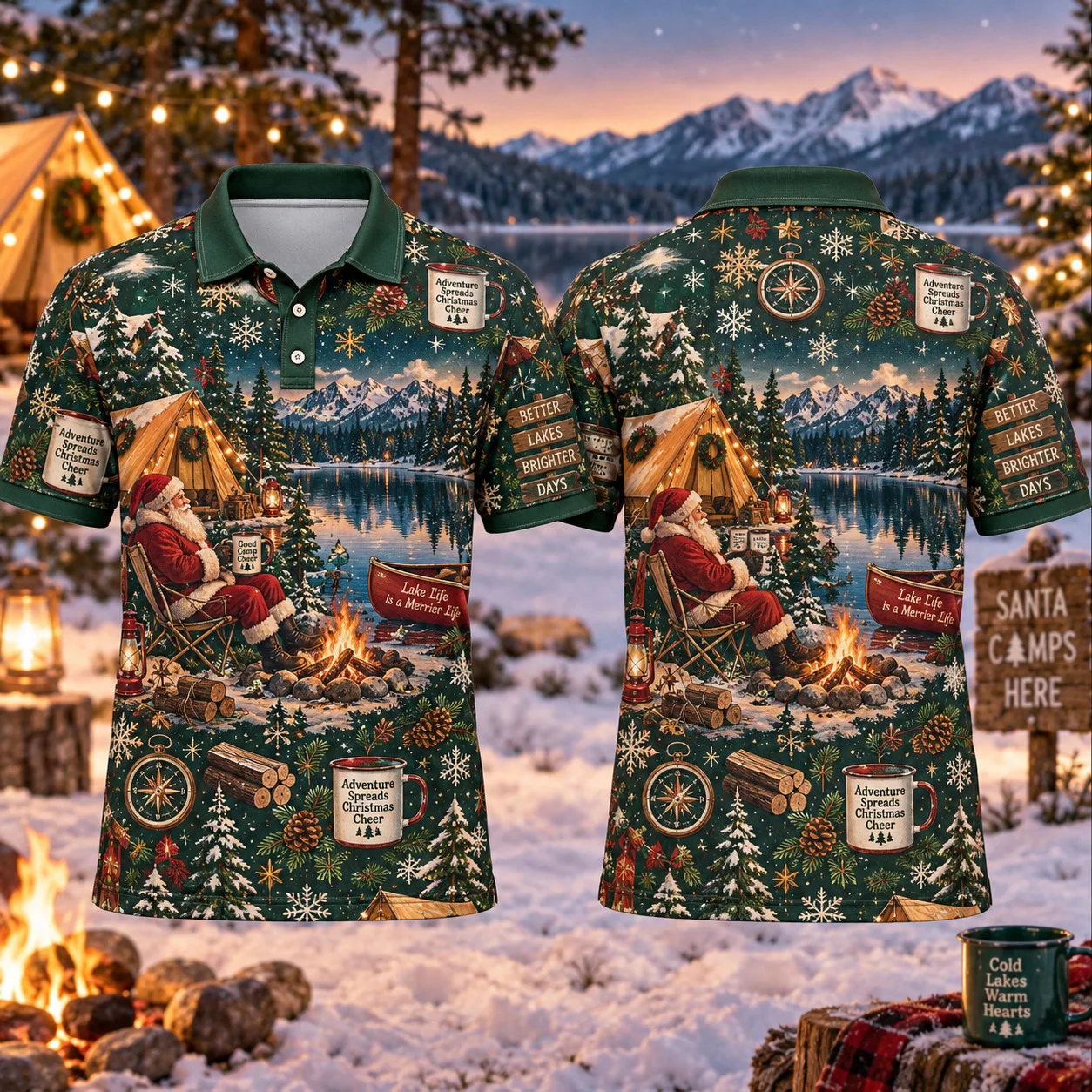 Men's Christmas Polo Shirt Santa Forest Camping 3D All Over Print Short Sleeve Holiday Party Golf Top