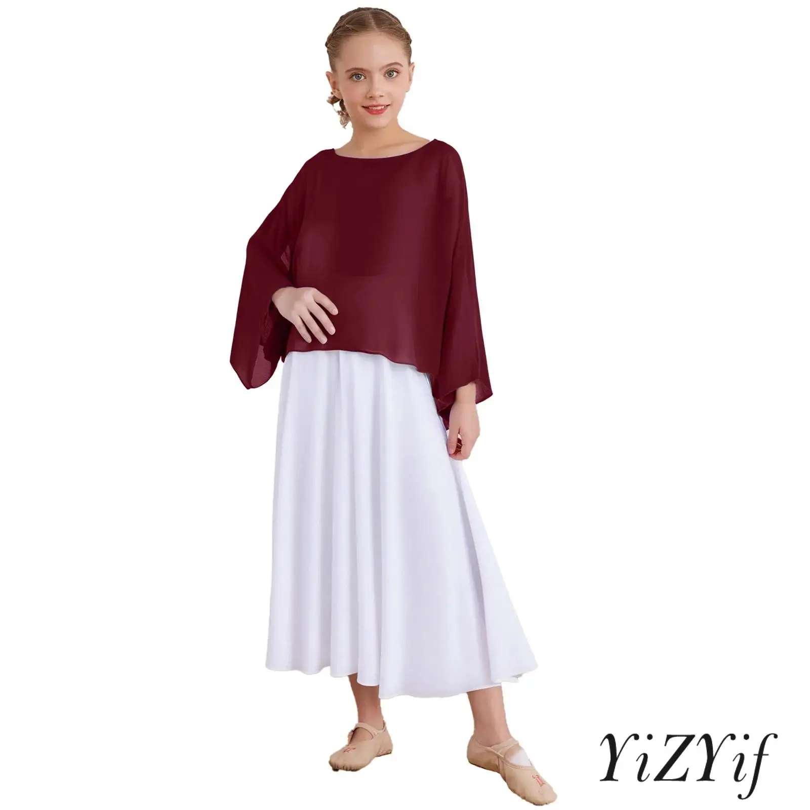 

Kids Girls Liturgical Worship Dance Outfit Round Neck Long Sleeve Pullover Chiffon Shrugs Top with Rhinestone Praise Dance Dress