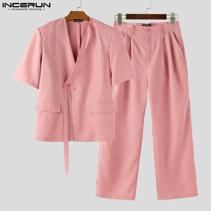 

INCERUN Мужские комплекты Однотонный пиджак с коротким рукавом и v-образным вырезом Блейзер и брюки Комплекты из двух предметов Свободные 2025 Модные мужские повседневные костюмы Уличная одежда