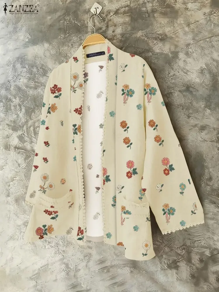 ZANZEA dentelle Patchwork imprimé fleuri Cardigans pour femme décontracté à manches longues chemises ouvertes devant 2025 automne mode vêtements quotidiens