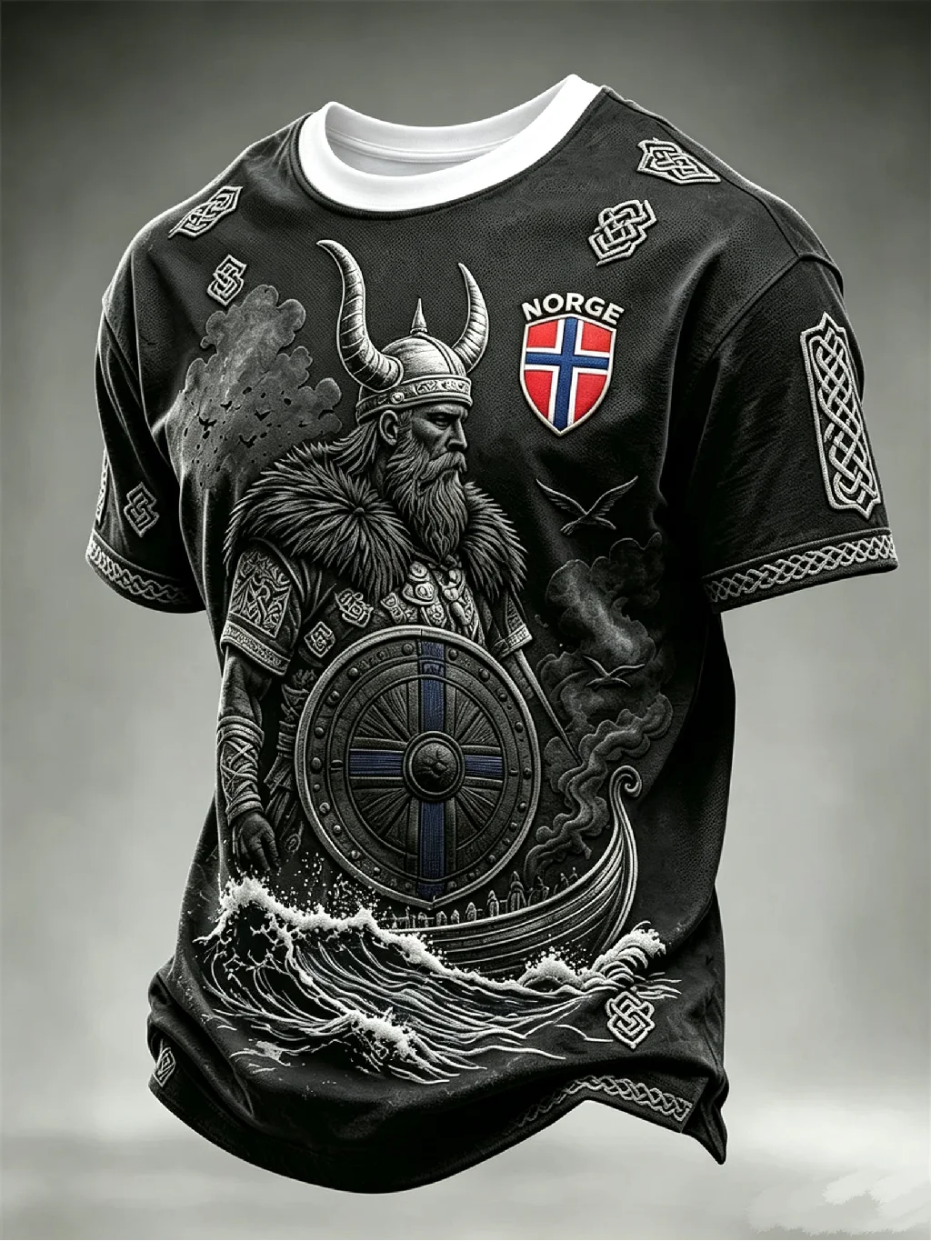Norge Norway Fan Inspired Soccer Jersey Viking Warrior Ship Print Crew Neck Quick Drying Unisex Norse Sports Football T-shirt