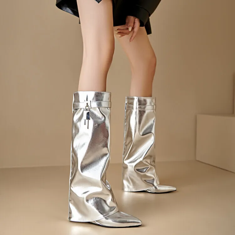 

Silver Shark Lock Women Boots Wide-calf Wedge Heel Knee High Boot Motorcycle Leather Trouser Boots Shoes