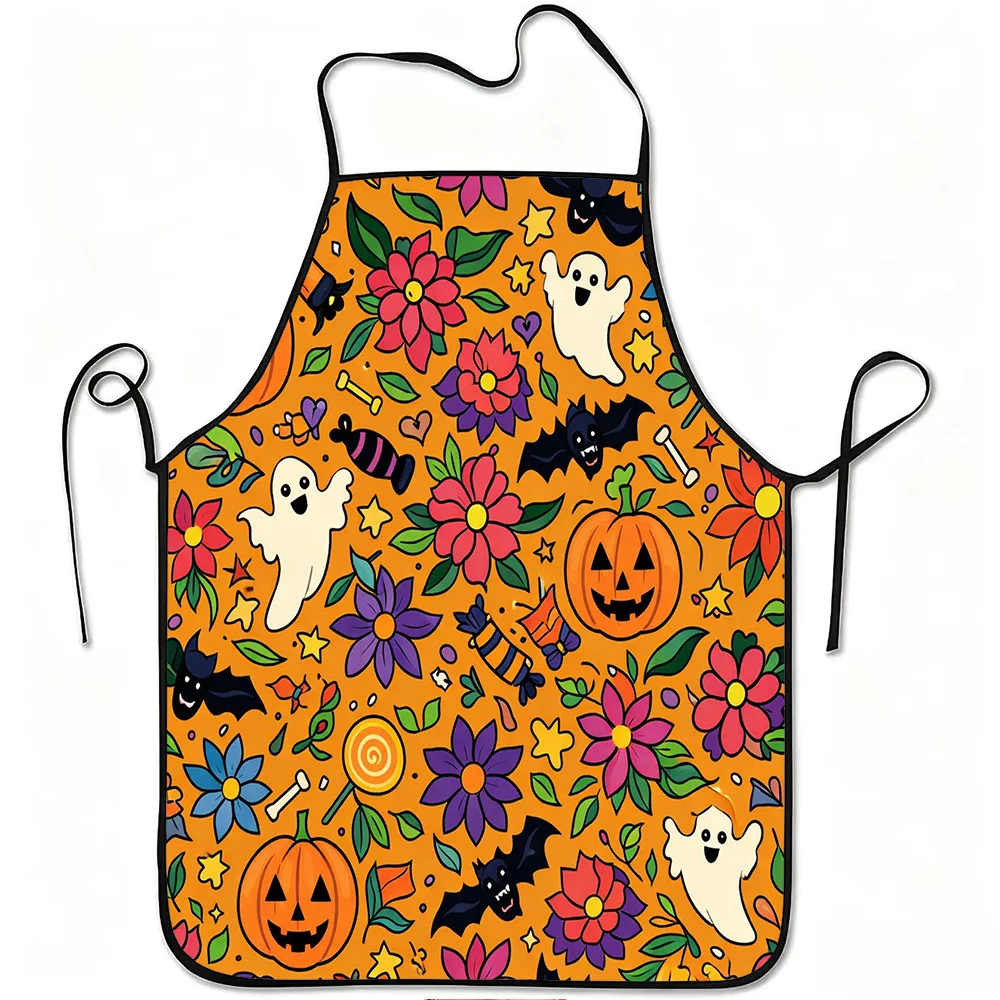 1pc Halloween Pumpkin Bat Candy Flower Print Apron, Durable and Easy to Clean, Adjustable Waistband, Polyester Material