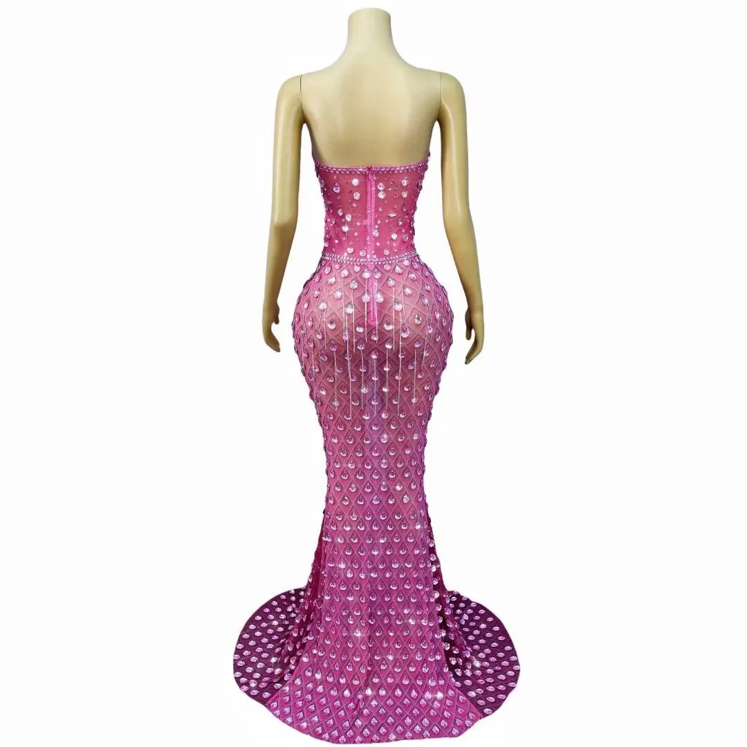 Sexy High-end Sparkly Rhinestones Crystals Fringes Transparent Mesh Dress Women Evening Party Prom Gown Photoshoot Stage Wear