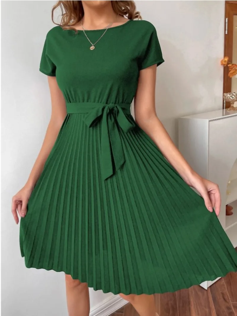 New Women's Dresses Spring and Summer Casual Lace-up Large Swing Pleated Chiffon Dress for Women