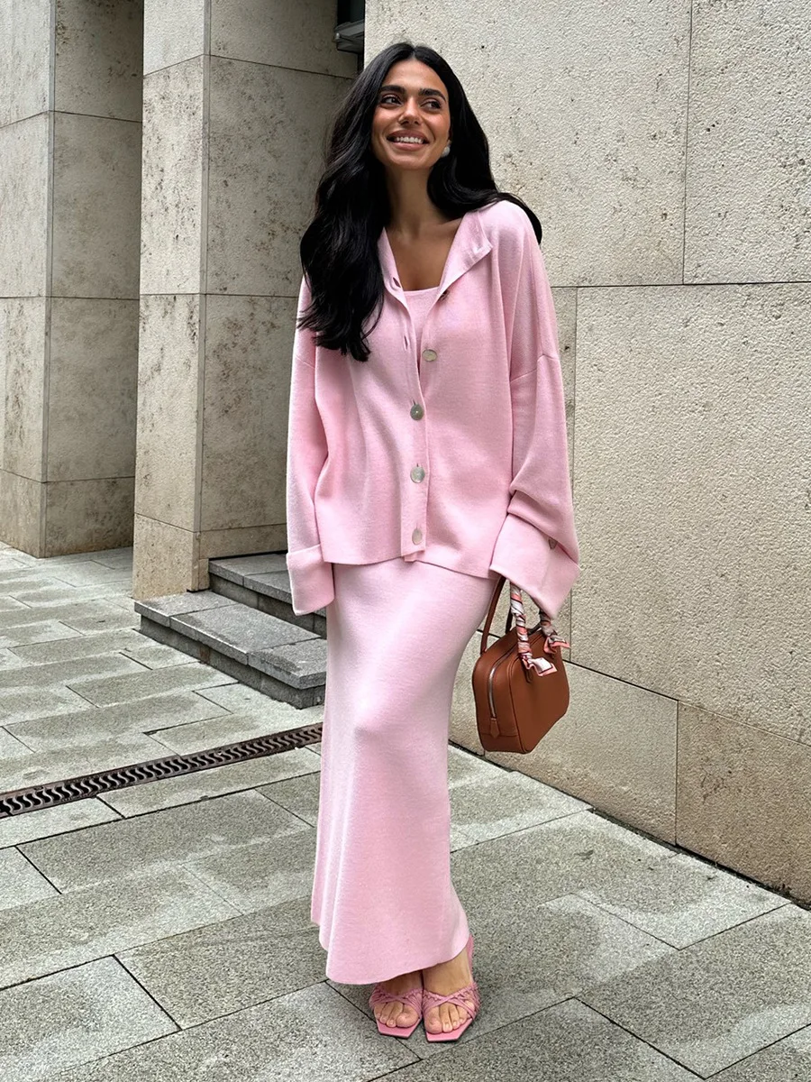 

Solid Long Sleeve Cardigan Sweater+Tank Top+Maxi Skirts 3 Piece Set Women Autumn Elegant Simple Fashion Knitted Long Skirts Sets