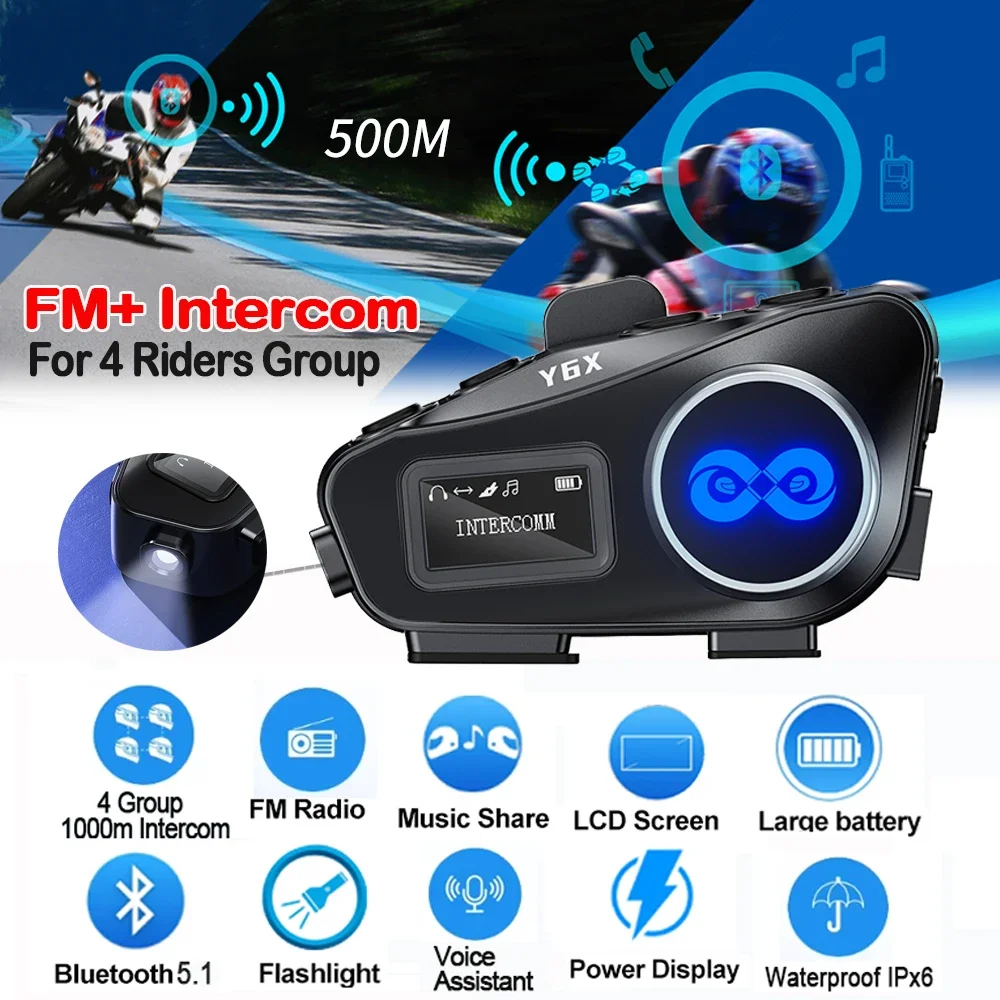 

BT5.1 FM Motorcycle Helmet Intercom 1000M Interphone Headset Music Sharing IPx6 With LED Lighting for 4 Riders Group Talking