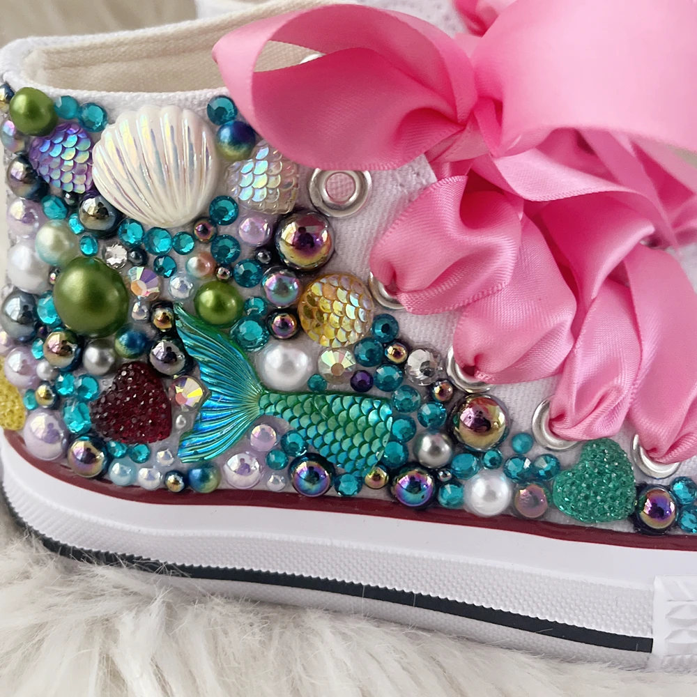 Dollbling Shell Simulation DIY Bling Handmade Shoes Canvas Mermaid Theme Kids High Top Pearls Sneakers Under the Sea Shoes