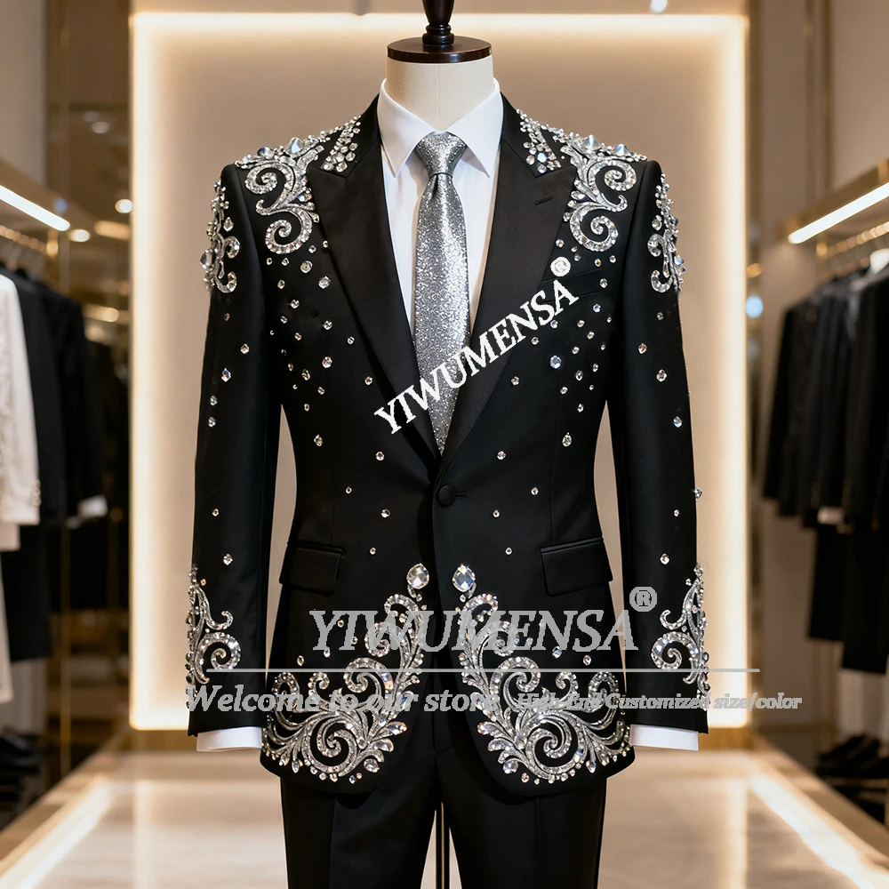 

Блестящие мужские костюмы со стразами для свадьбы, комплекты из 2 предметов, однобортные пиджаки для выпускного вечера, смокинг жениха по индивидуальному заказу, наряды Ropa Hombre