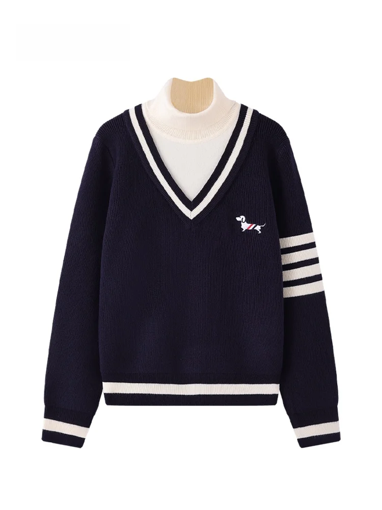 

JZZDEMM High Ne Knitted Sweater Women's Slim Fit Embroidered Overhead Top Cotton Blend Long Sve Warm Thermal Base irt