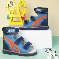 Sandalias ortopédicas para niño y niña, calzado de cuero azul con gancho plano, moda de verano, 3 a 10 años