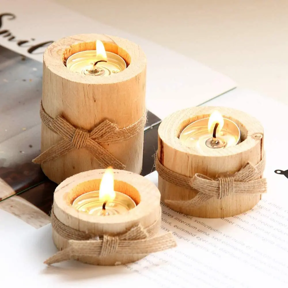 

Wood Tea Light Candle Holders Rustic Pillar Tealight Candlestick Home Table Candle Centerpiece for Wedding Christmas Party Decor