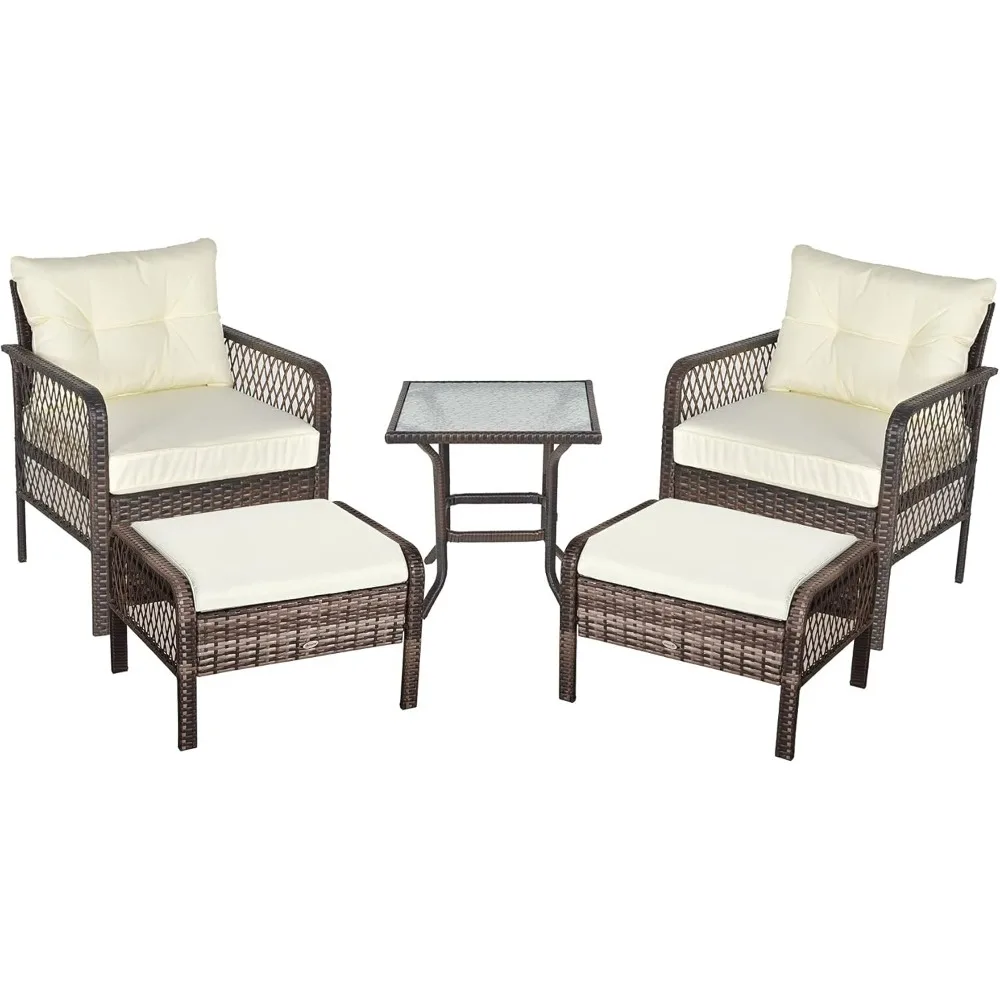 

PE Wicker Patio Furniture Set, Conversation Set with Outdoor Ottomans, Table & Chairs, Small Balcony Furniture for Apartments