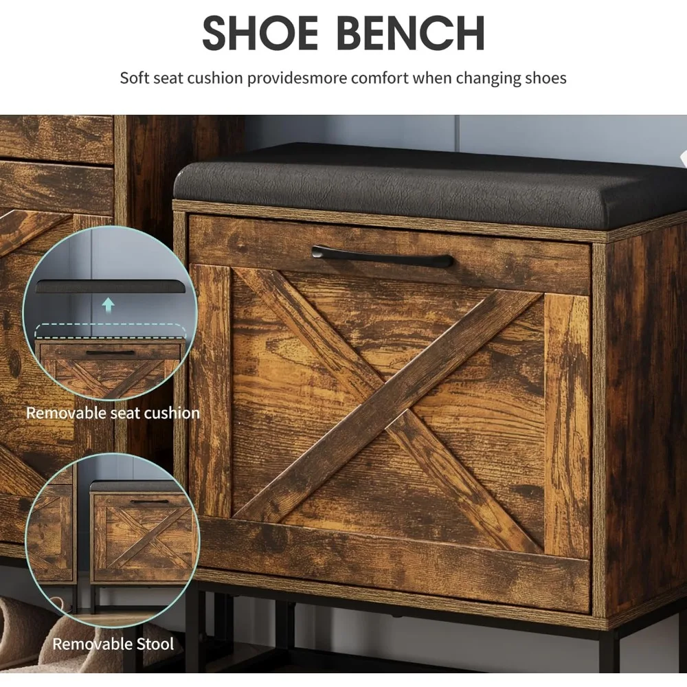 خزانة أحذية ريفية للمزرعة مع مقعد وأدراج تخزين ومقعد مبطن للمدخل