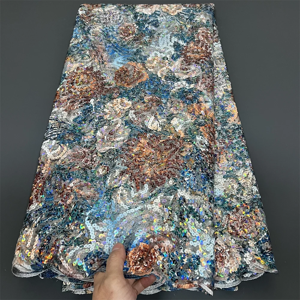 African Nigerian Sequins Sewing Net Cloth,Tulle Lace Fabric, Prom Dresses Beads,Embroidery, High Quality, 5Yad , PS0065, 2025
