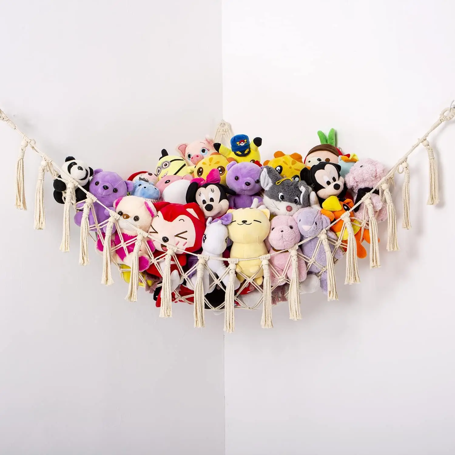 Stuffed Animal Storage Organizers Corner Hanging Ne 60" L Stuffy Animal Hammock Macrame Toy Display Plush Toy Holder Wall, Kid Bedroom Decor Boho Nursery Playroom Organizer 60" L (Cream) - view 4