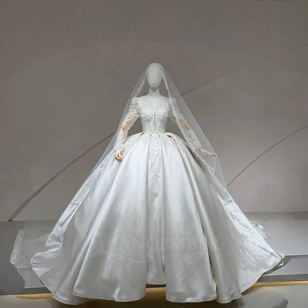 Ball Gown Wedding Dress Customized V-neck Long Sleeves Pearls Pleat Corset Bridal Gown for Bride Robe De Mariee Sweep Train