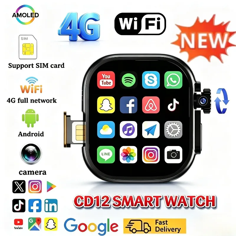 CD12 Smart Watch AMOLED 4G LTE Smartwatch,  with 1/4pcs Straps, 180° Rotary Camera GPS WiFi SIM Slot Health Monitoring