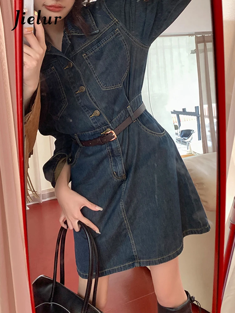 Jielur Blue Elegant Polo Female Denim Dress Slim Waist Vintage Single Breasted Fashion Streetwear Fashion Solid Color Dresses