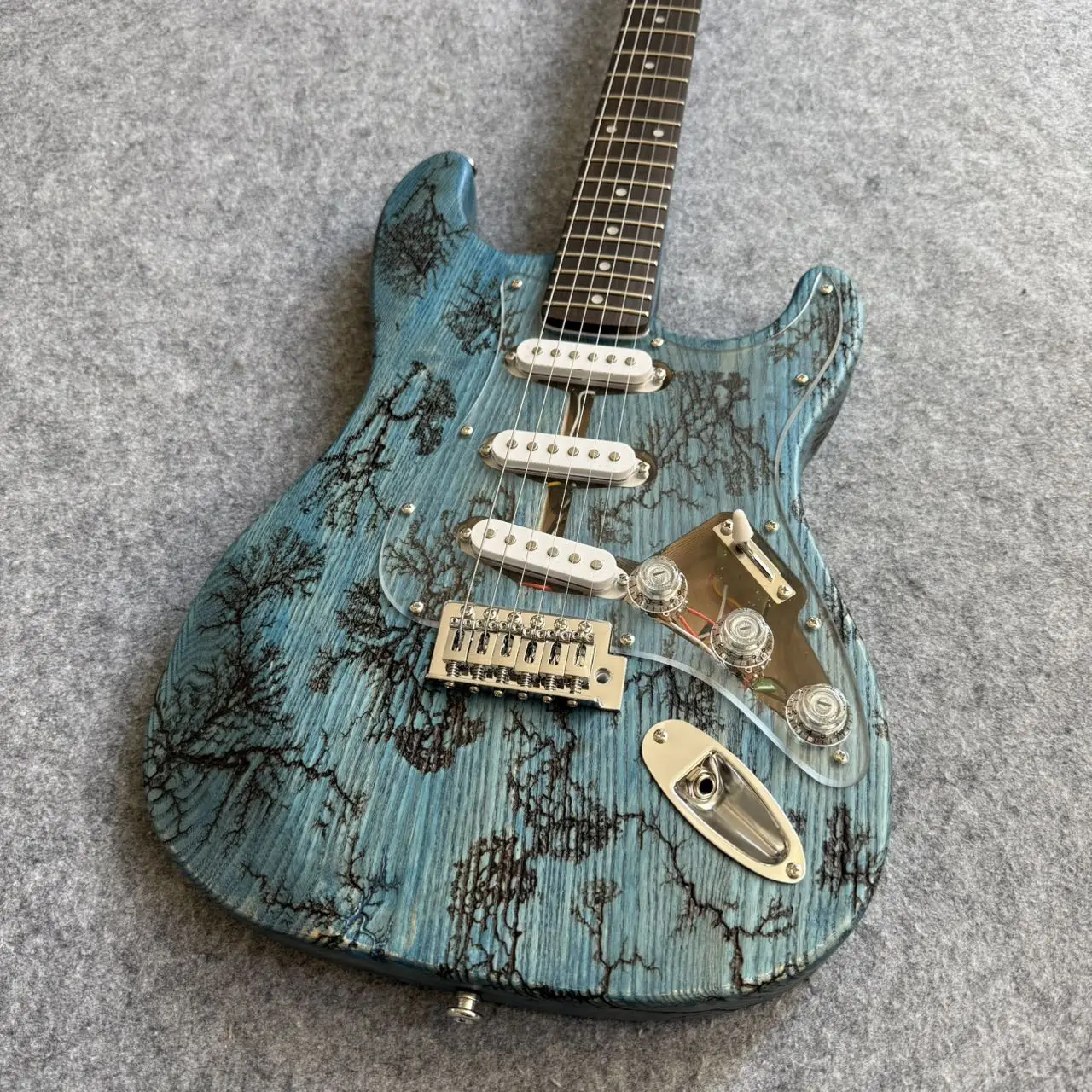 New blue Guitar Ash Body Flame maple Neck Carved Pattern Custom guitar