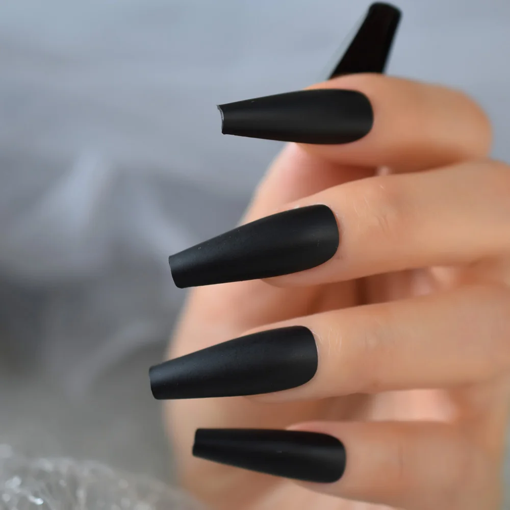 Solid Black Super Long Fake Nail Coffin Matte Press on Nails Frosted Ballerina Acryl Falsche Nägel Tipps Cosplay Party Salon Lady