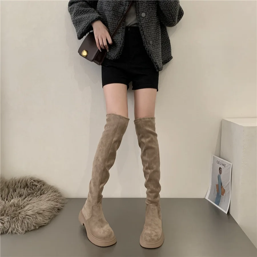 Over The Knee Cowboy Boots Women Design Platform Shoes Fashion Fur Suede Wedges Tnick High Boots Motorcycle Shoes Botas De Mujer