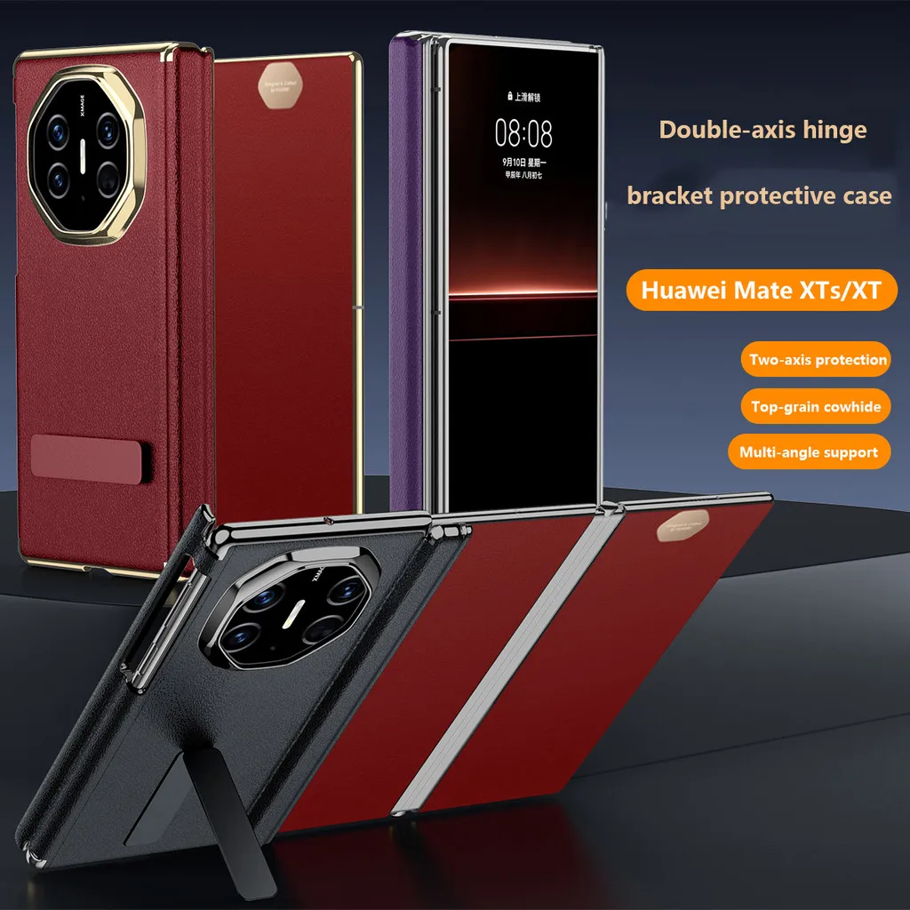 

Plating Genuine Leather Phone Case For Huawei Mate XT XTs Ultimate Dual Magnetic Hinge Back Cover