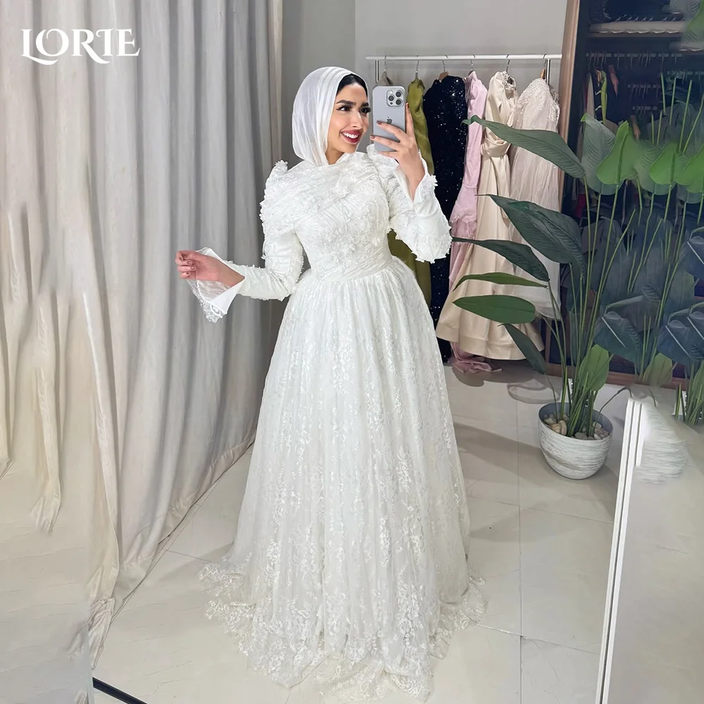 

LORIE Lace Muslim Wedding Dresses Applique High Collar Flared Sleeve Church Mermaid Bridal Gown vestido de novia Customized
