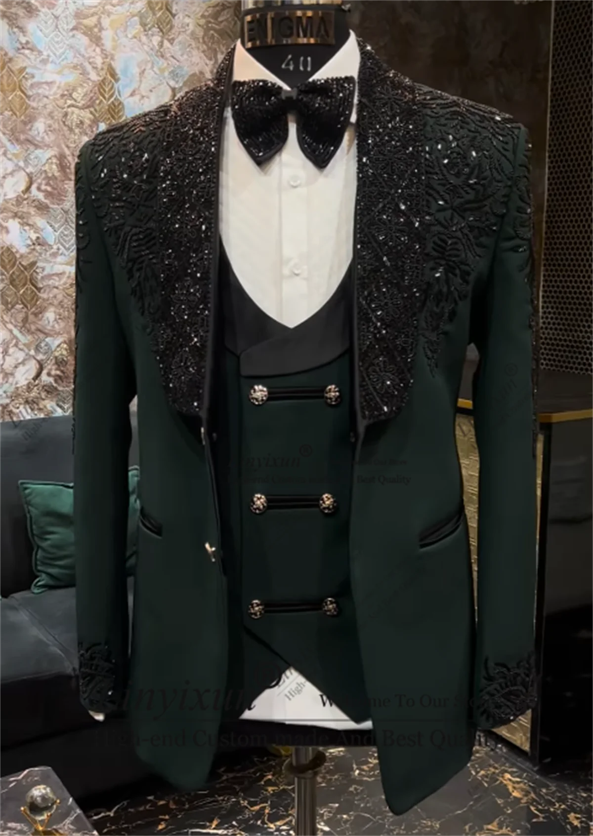 Gentleman ricamo Perline Abiti da uomo 3 pezzi Set Blazer da ballo maschile Festa personalizzata Matrimonio Sposo Smoking Slim Fit Costume Homme