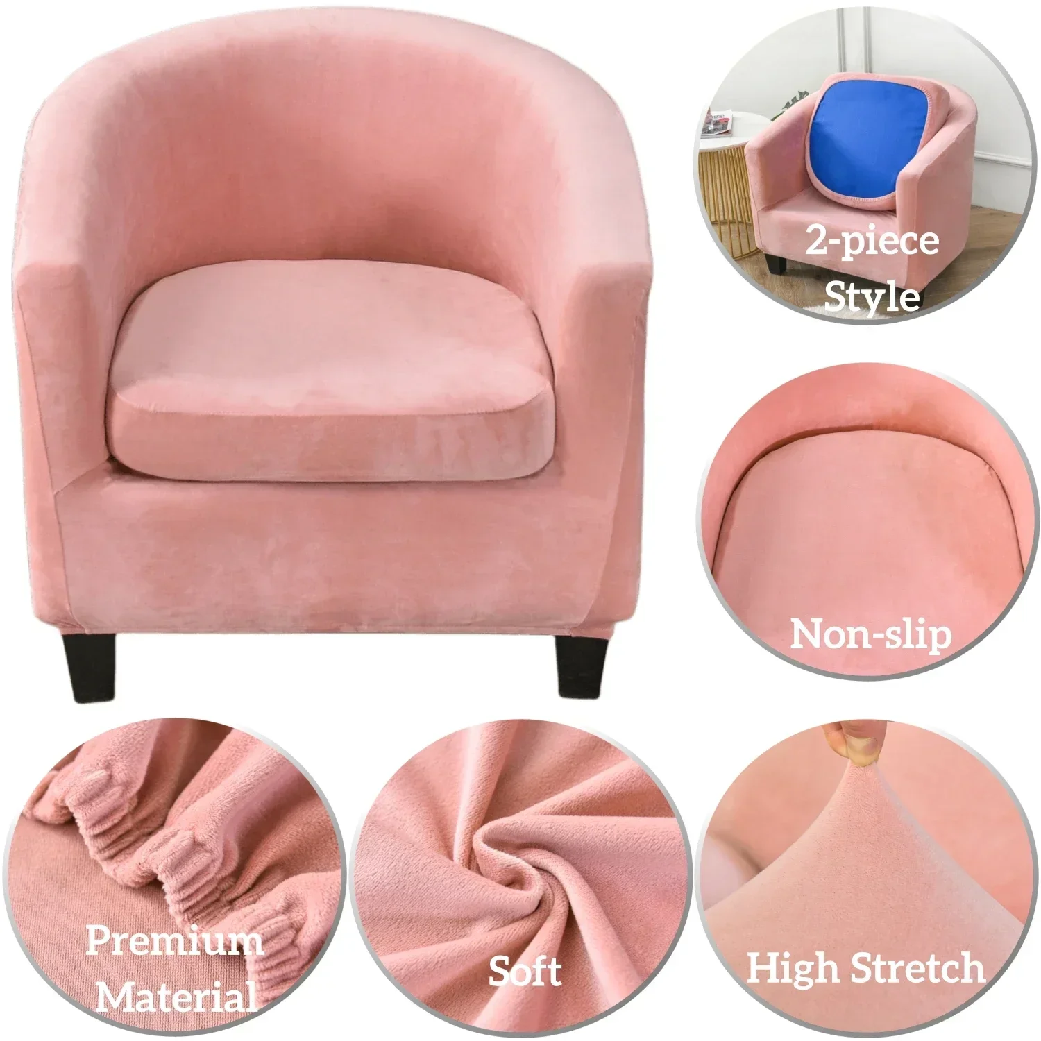 Plush Velvet Tub Chair Covers Club Chair Slipcover Cushion Cover 2-Piece Stretch Soft Washable Armchair Sofa Furniture Protector