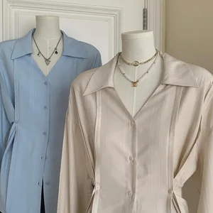 Maillard Damen Blue American Vintage High Street formelle Kleid Taille Hemd Design Speed Lapela Girl Button Top Shirt 6 Hauptverkaufskleid Blue Shirt - №2