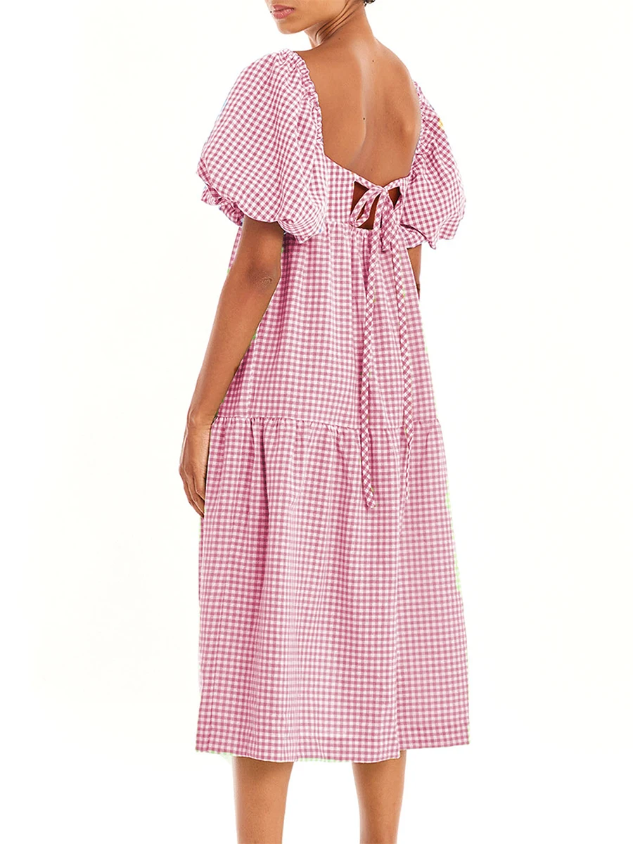 Elegant Women Gingham Short Puff Sleeve Midi Dress Summer Plaid Square Neck Dress Smocked Ruffle Flowy Beach Dress\