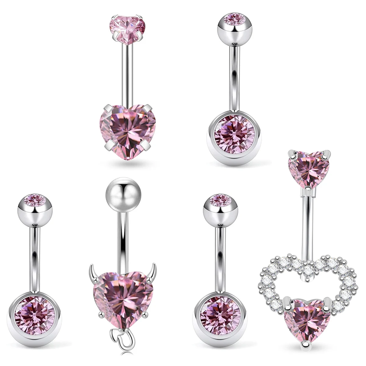 2 Stück Rosa Zirkonium Herzförmiger Bauchnabelring mit Rundem Strass Bauchnabelpiercing Geeignet für Damen