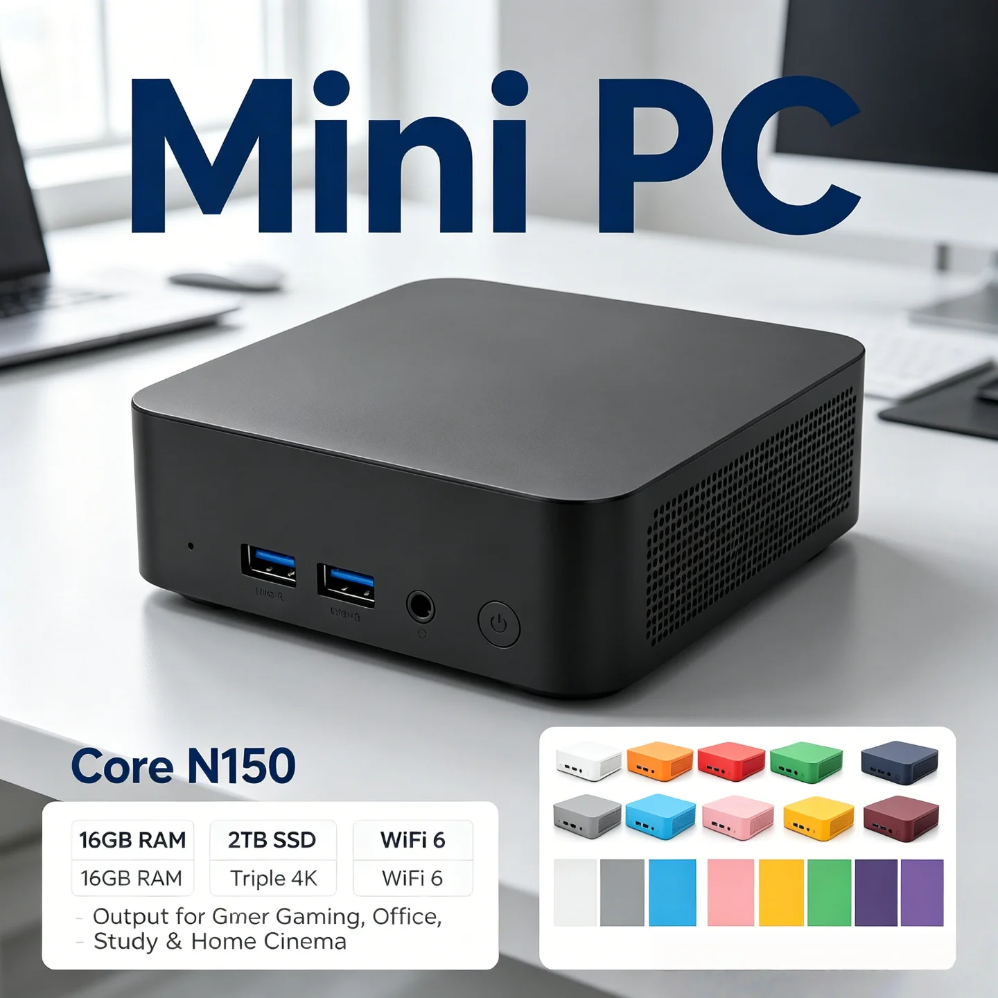 ミニpc、コンパクトデスクトップコンピューター。intel-core-n150プロセッサー搭載、16gbメモリ、1tb-2tb-ssd、wi-fi-6対応、トリプル4k出力。オフィスや学習、ホームシアターに最適。