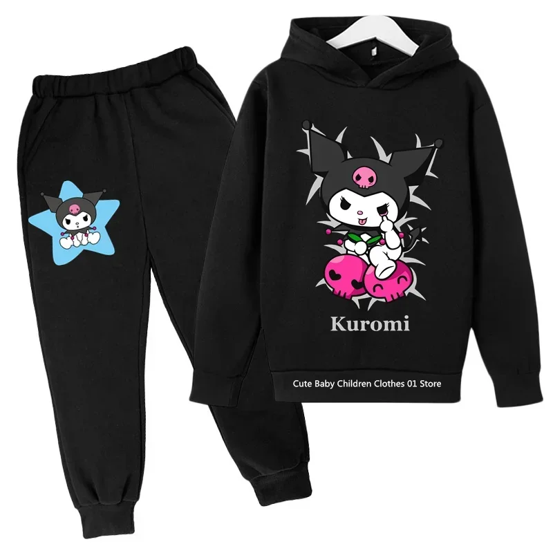 2024 Kuromi Cute Girls Fashion Boys Cotton Hooded hoodie Set Anime Cartoon Cotton Kids Student Casual Top outdoor ages 4-14