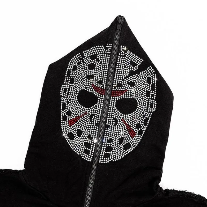 Women Men Y2K Fashion Hoodie Rhinestones Skeleton Print Zip Hoodie clothes Hoodies Goth Long Sleeve Sweatshirt Oversized Tops